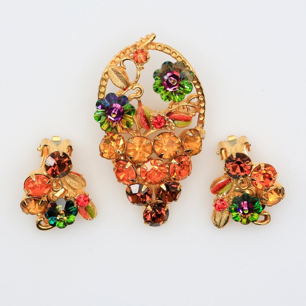 Vintage Spring Flower Basket UV Orange Glow Rhinestone Brooch Earrings Set 1960s
